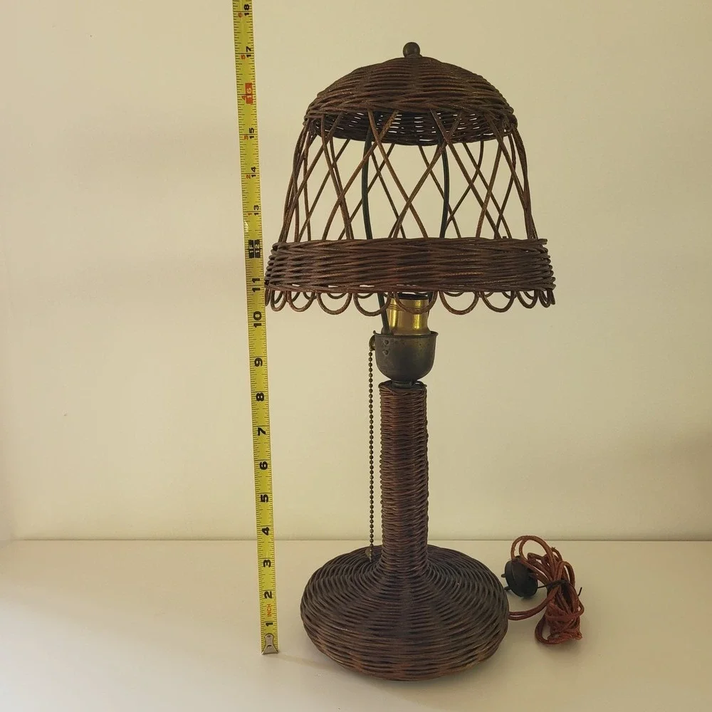 Antique Vintage Art Deco Mushroom Wicker Table Lamp Woven Rattan Brown 18